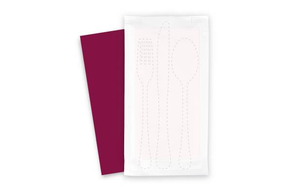 SemyTop Bestecktaschen mit bordeauxfarbiger Serviette, 1/8-Falz, 38 x 38 cm, weiß, 500 Stück