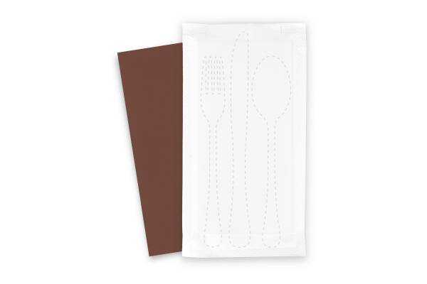 SemyTop Bestecktaschen mit brauner Serviette, 1/8-Falz, 38 x 38 cm, weiß, 500 Stück