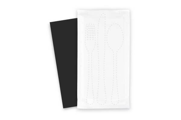 SemyTop Bestecktaschen mit schwarzer Serviette, 1/8-Falz, 38 x 38 cm, weiß, 500 Stück