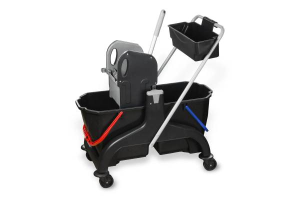 Reinigungswagen (2x25 Liter Eimer) mit Moppresse & Utensilienkorb | Schwarz/Anthrazit
